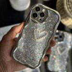 قاب موبایل آیفون پولکی نقره ای قلب مروارید برجسته