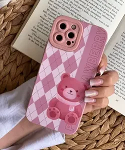 قاب موبایل آیفون خرس صورتی چهارخونه پرو کمرا محافظ لنزدار
