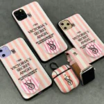 قاب موبایل ویکتوریا پشت گلس راه راه پاپ سوکت رایگان ( صورتی + سفید )