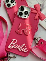 قاب موبایل آیفون باربی پاپیونی صورتی + بند بلند - Image 23