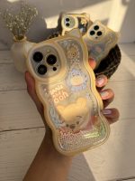 قاب موبایل آیفون خرس پو زرد آکواریومی مروارید دار گوش دار - Image 4