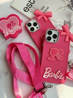 قاب موبایل آیفون باربی پاپیونی صورتی + بند بلند - Image 2