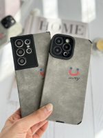 قاب موبایل آیفون چرم و جیر طوسی اسمایل محافظ لنزدار - Image 3