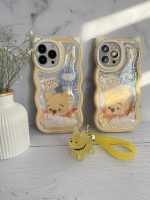 قاب موبایل آیفون خرس پو زرد آکواریومی مروارید دار گوش دار - Image 2