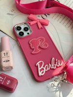 قاب موبایل آیفون باربی پاپیونی صورتی + بند بلند - Image 7