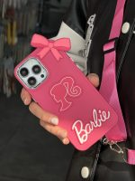 قاب موبایل آیفون باربی پاپیونی صورتی + بند بلند - Image 11