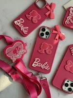 قاب موبایل آیفون باربی پاپیونی صورتی + بند بلند - Image 4