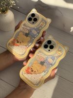 قاب موبایل آیفون خرس پو زرد آکواریومی مروارید دار گوش دار - Image 3