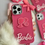 قاب موبایل آیفون باربی پاپیونی صورتی + بند بلند