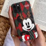 قاب موبایل آیفون میکی موس فان شاخدار چهارخونه سبز و زرشکی محافظ لنزدار