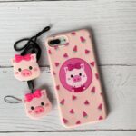 قاب موبایل آیفون خوک هندونه صورتی + پاپ سوکت و بند