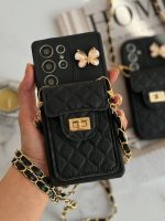 قاب موبایل سامسونگ مشکی بند زنجیری بلند بالشتی پروانه ای جاکارتی دار