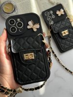 قاب موبایل آیفون مشکی بند زنجیری بلند بالشتی پروانه ای جاکارتی دار