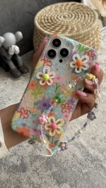 قاب موبایل ( آیفون ) گل بابونه رنگی رنگی برجسته + بندست