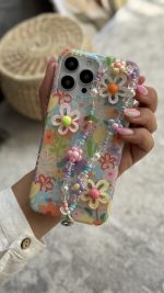 قاب موبایل ( آیفون ) گل بابونه رنگی رنگی برجسته + بندست - Image 2
