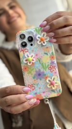 قاب موبایل ( آیفون ) گل بابونه رنگی رنگی برجسته + بندست - Image 5