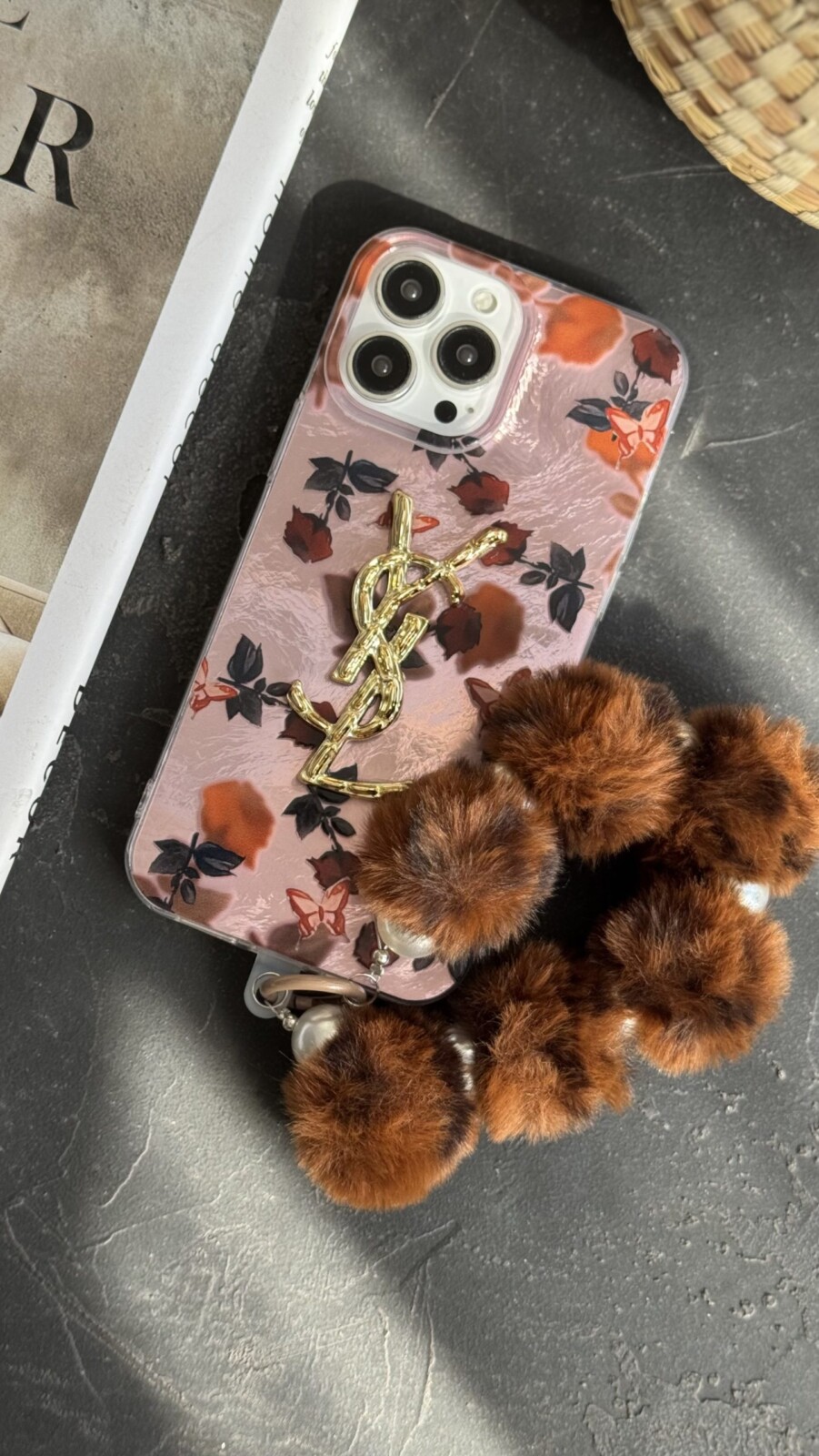 قاب موبایل آیفون سن لورن دم روباهی پروانه گل سرخ + بندست پشمی قاب موبایل آیفون سن لورن دم روباهی پروانه گل سرخ + بندست پشمی - Image 1