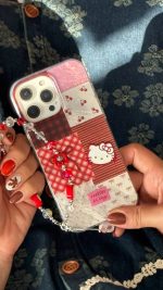 قاب موبایل آیفون کیتی چری آلبالویی پاپیون دار + بندست - Image 5