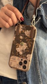 قاب موبایل آیفون گل فلاور کرم فندقی + بند چرمی ست - Image 3