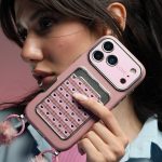 قاب موبایل آیفون قلب آیینه ای صورتی + بندست پشمی